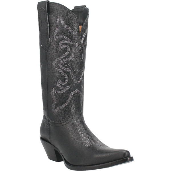 A black mid-calf length leather boot with a grey artistic design across the front, leather straps, and a V cut at the top. Item is pictured on a simple white background