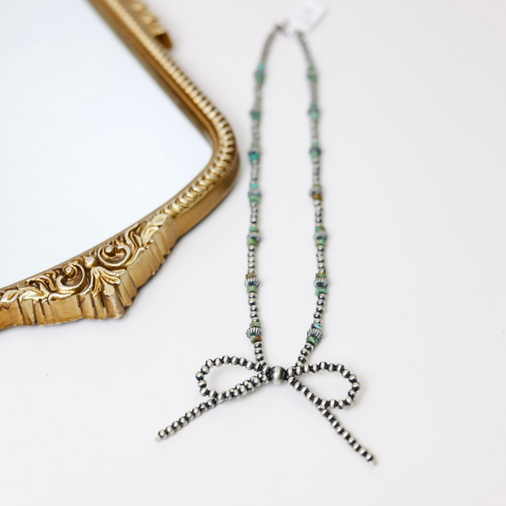 Sterling Silver Navajo Pearl Bow Tie Necklace with Genuine Authentic Turquoise