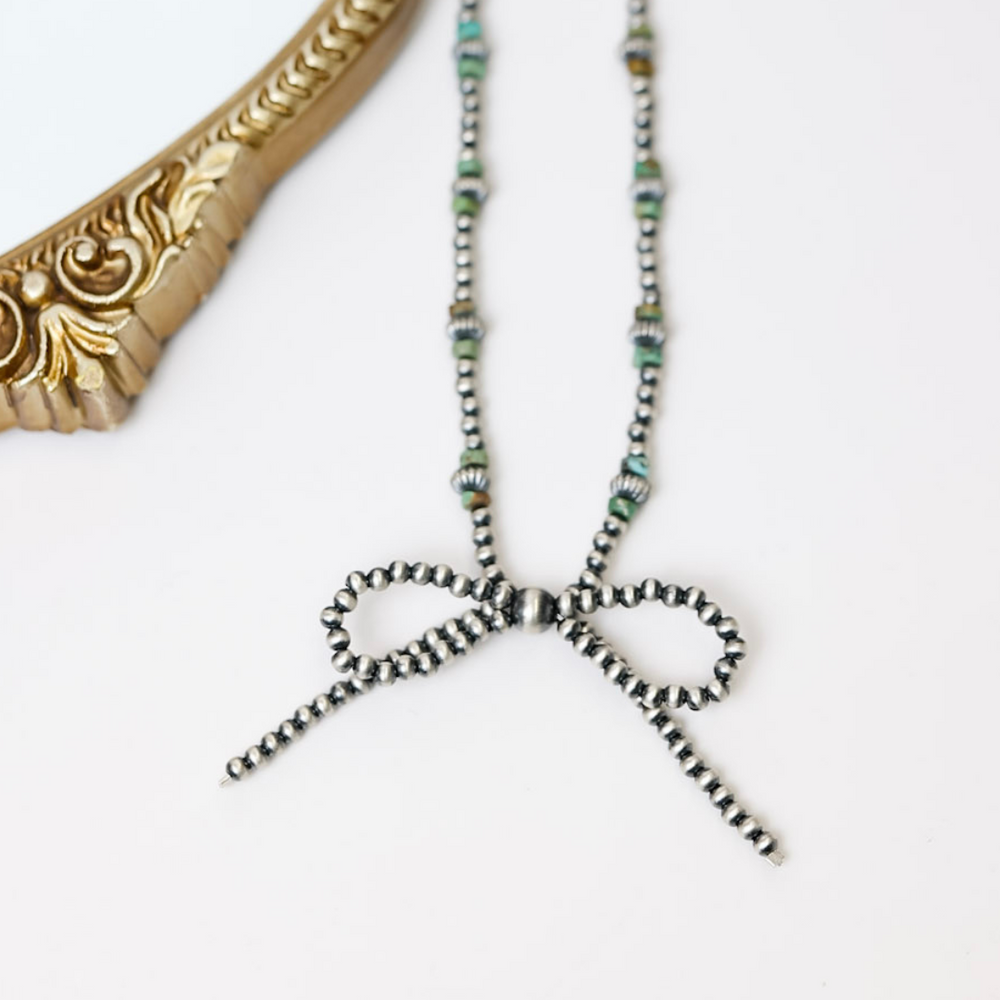 Sterling Silver Navajo Pearl Bow Tie Necklace with Genuine Authentic Turquoise