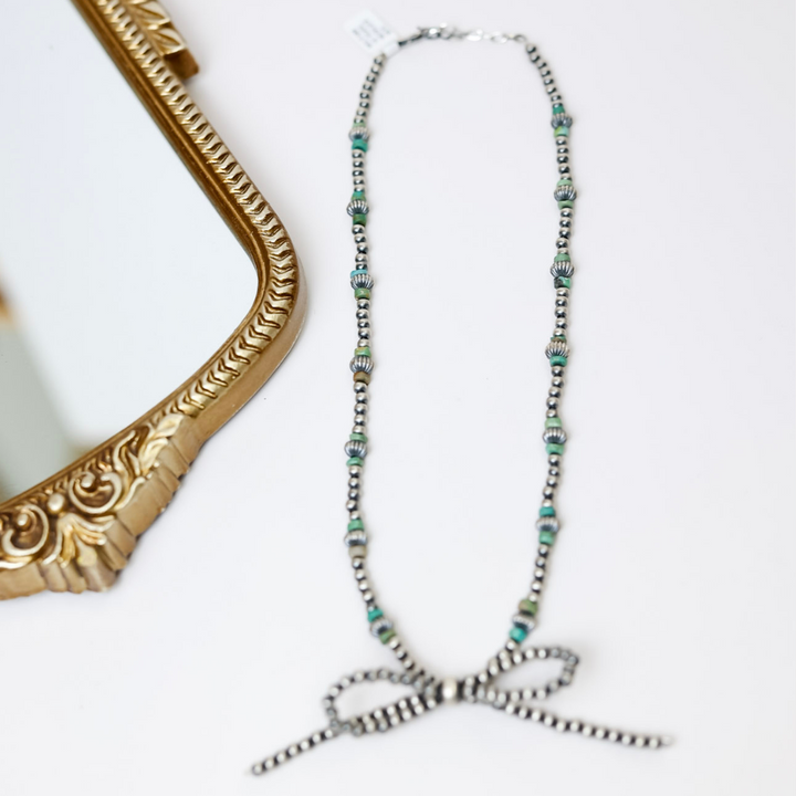 Sterling Silver Navajo Pearl Bow Tie Necklace with Genuine Authentic Turquoise