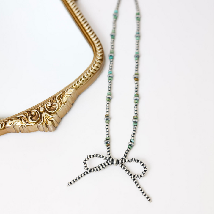 Sterling Silver Navajo Pearl Bow Tie Necklace with Genuine Authentic Turquoise