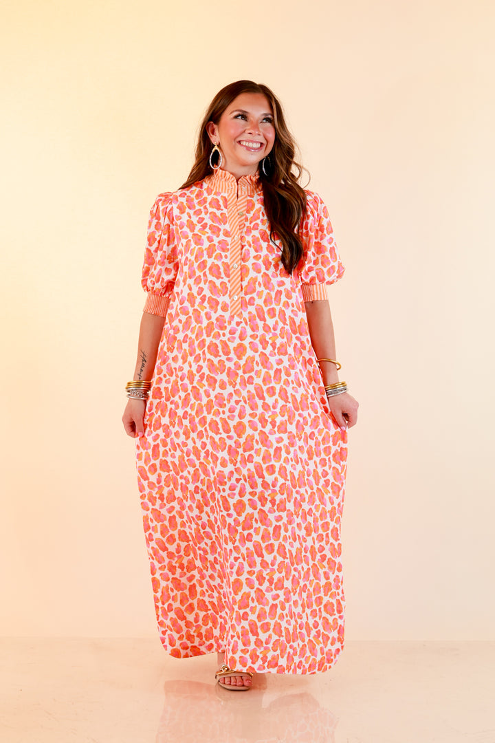 Feeling Extra Leopard Print Midi Dress with Stripe Contrast Collar and Puff Sleeves in Pink and Orange