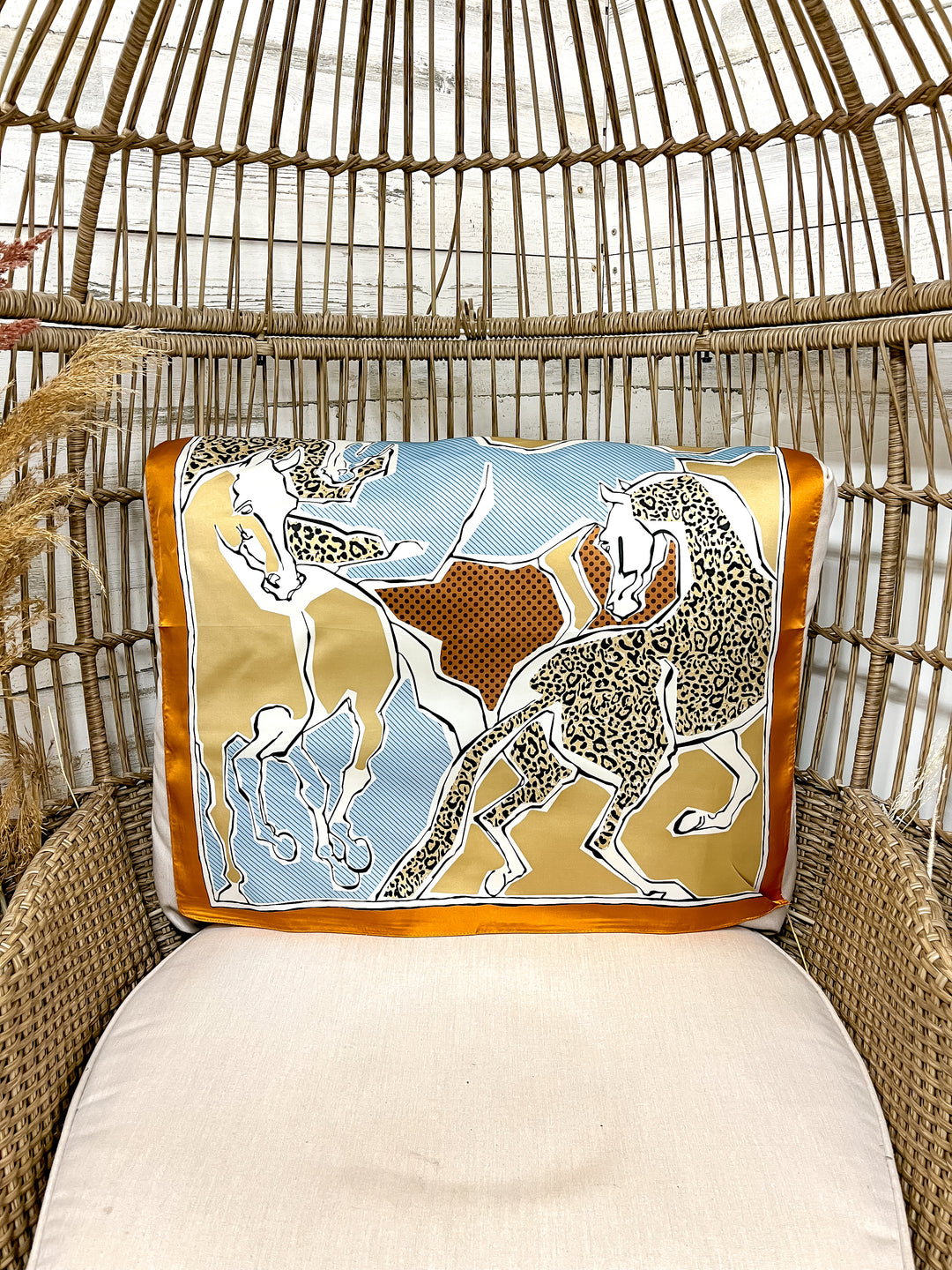 Rodeo Run Western Horse and Leopard Print Silk Feel Square Scarf in Blue