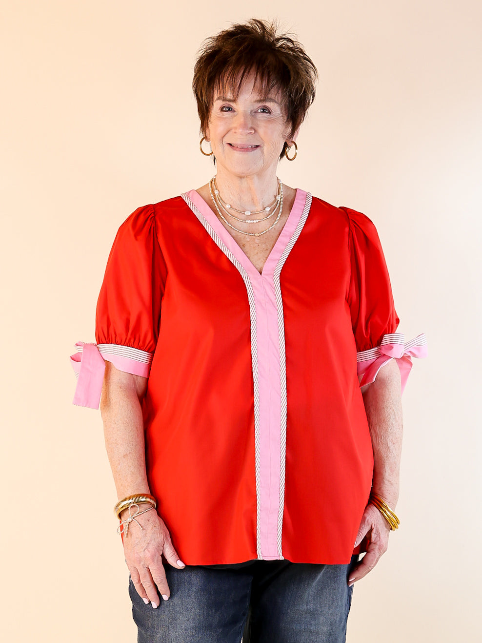 Last Chance Size Medium | Perfectly Poised V Neck Top with Short Balloon Sleeves with Bows in Red - ONLINE EXCLUSIVE