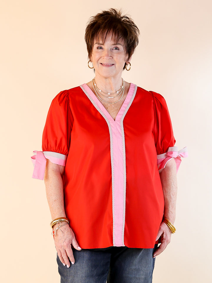 Last Chance Size Medium | Perfectly Poised V Neck Top with Short Balloon Sleeves with Bows in Red - ONLINE EXCLUSIVE