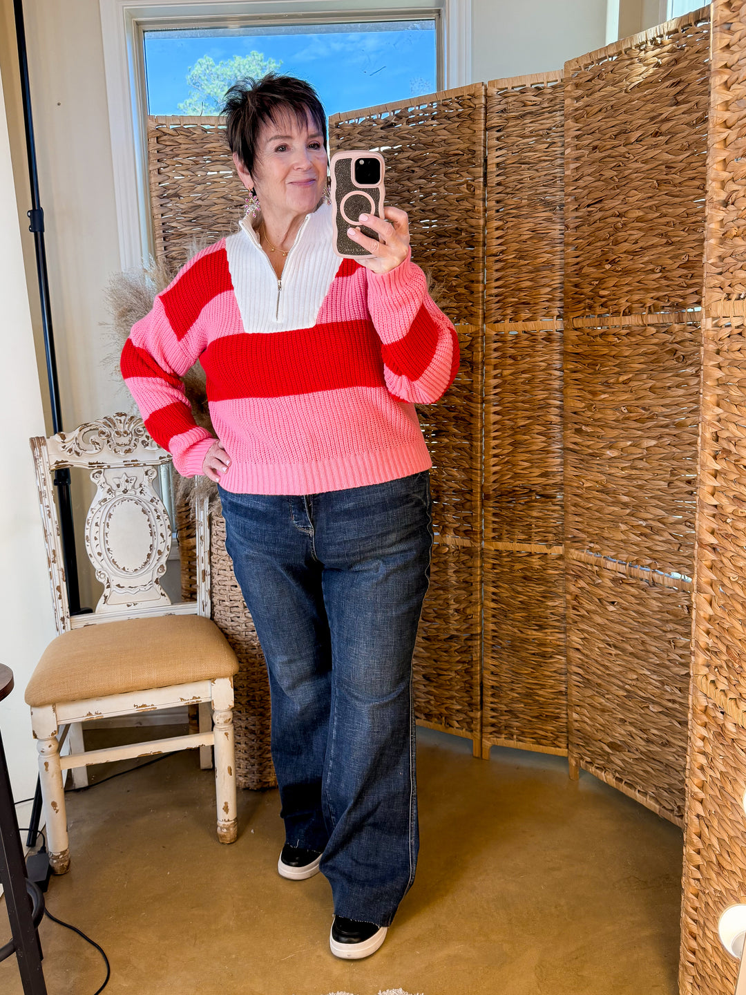 Candy Crush Half Zip Striped Rugby Style Sweater in Red and Pink