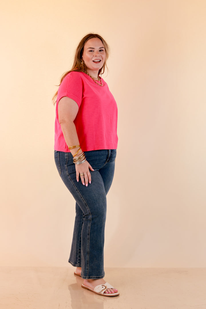 Laidback Luxe Rolled Drop Sleeve Relaxed Fit Basic Short Sleeve Top in Turquoise Blue