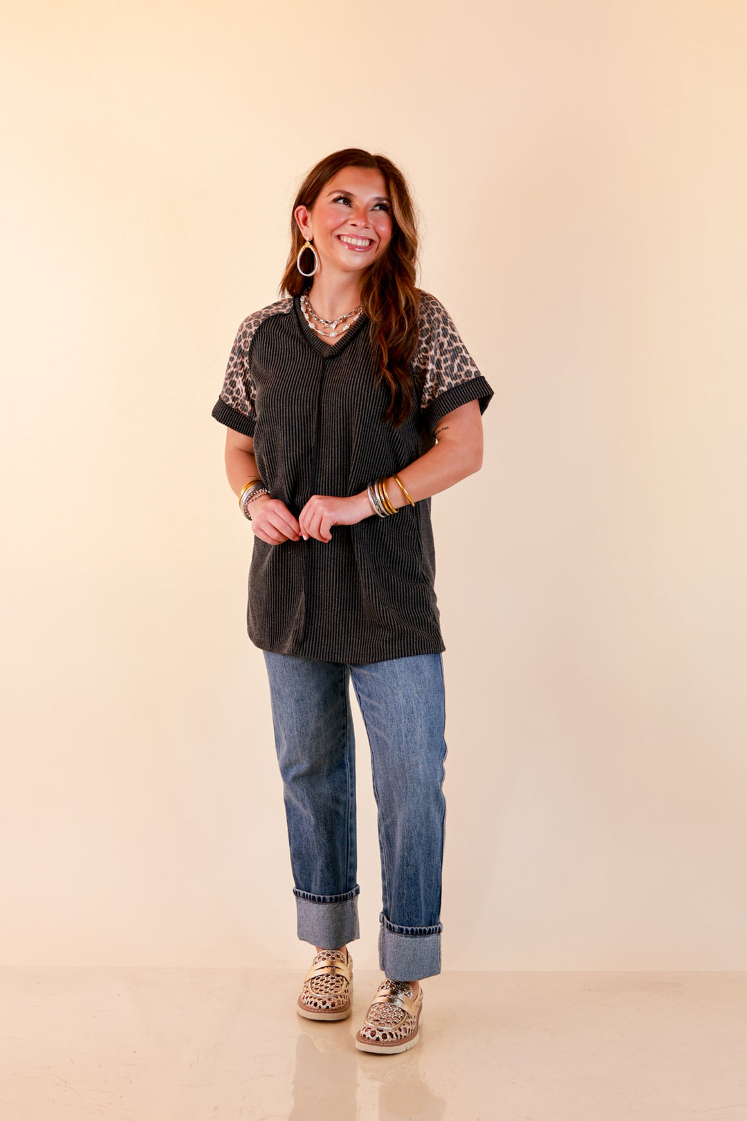 Easy Attraction Waffle Knit V Neck Top with Leopard Print Sleeves in Black