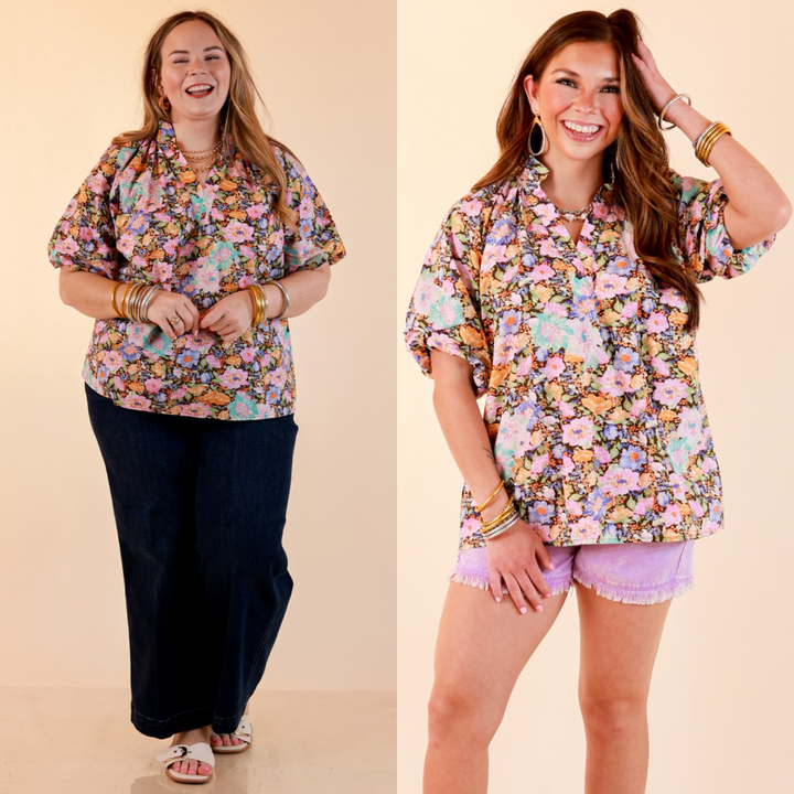 Blooming Beauty Floral Print V Neck Top with Smocked Neckline and Puff Sleeves in Multi Color