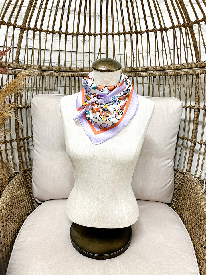 Retro Meadow Floral Print Silk Feel Square Scarf in Lavender, Coral Pink and Blue
