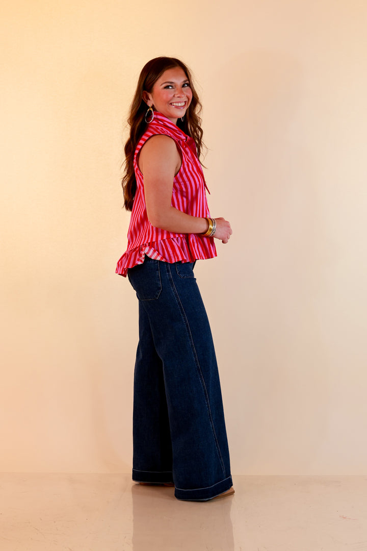 Sweet with Sass Stripe Sleeveless Tie Neck Top with Ruffle Hem in Pink and Red
