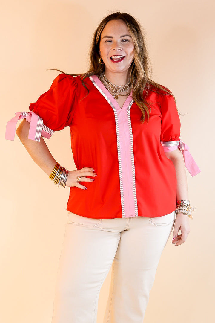 Last Chance Size Medium | Perfectly Poised V Neck Top with Short Balloon Sleeves with Bows in Red - ONLINE EXCLUSIVE