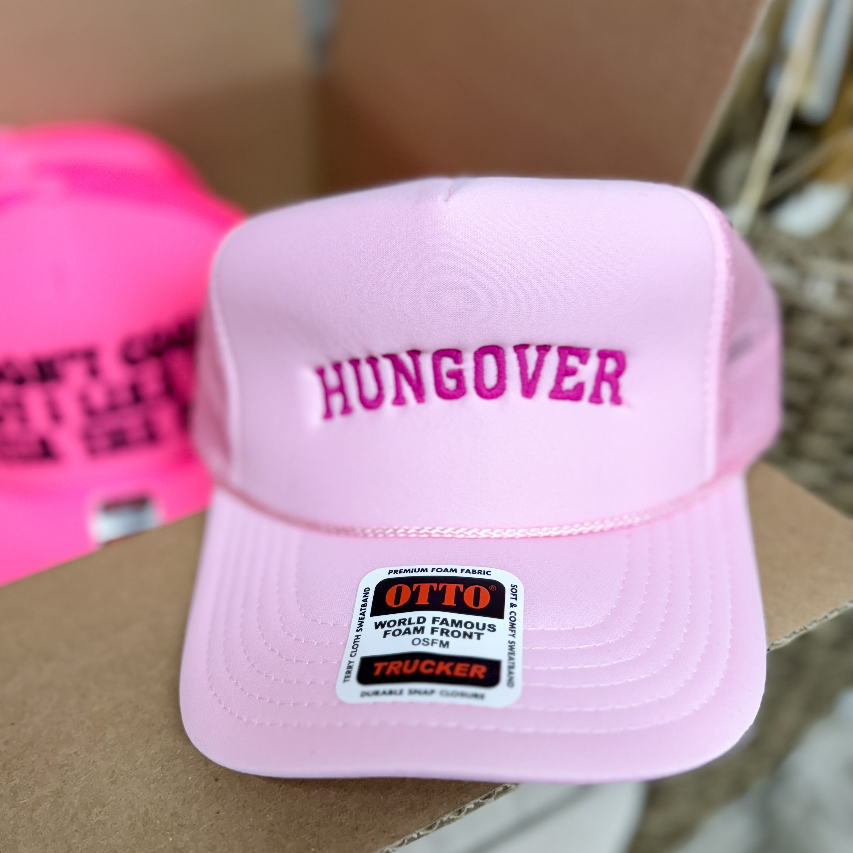 Hungover Foam Trucker Hat in Light Pink