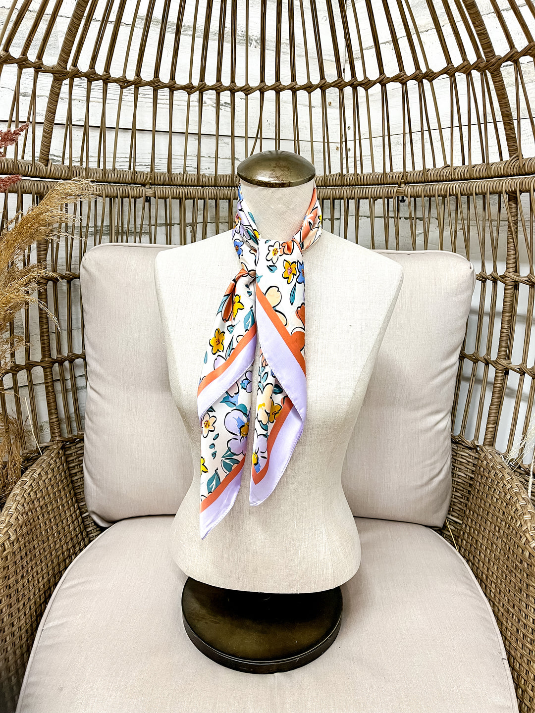 Retro Meadow Floral Print Silk Feel Square Scarf in Lavender, Coral Pink and Blue