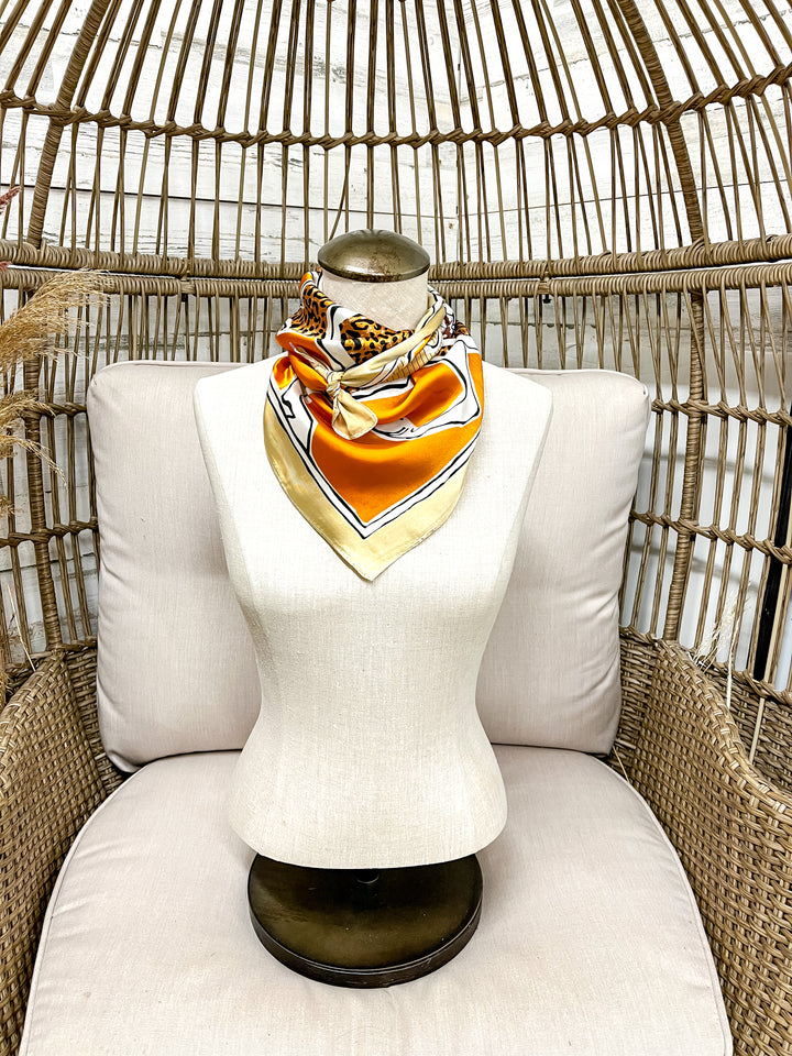 Rodeo Run Western Horse and Leopard Print Silk Feel Square Scarf in Tan