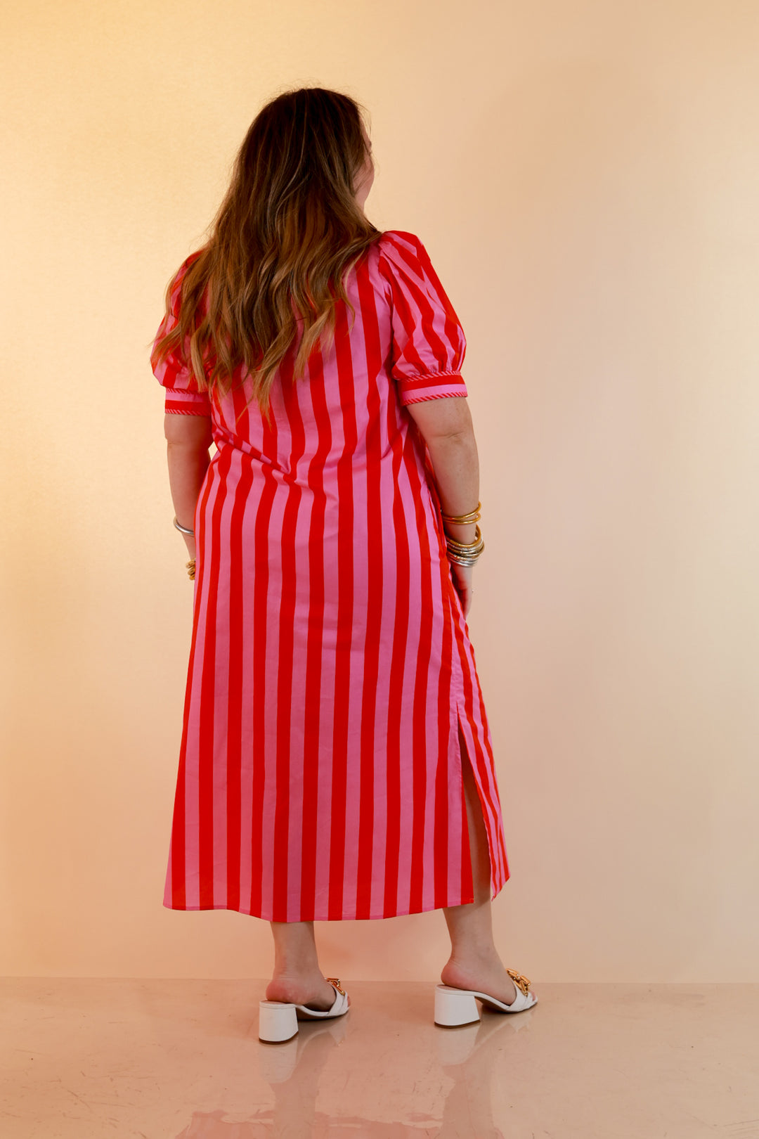 Strut and Shine Stripe Midi Dress with Button Front Detail and Puff Sleeves in Pink and Red