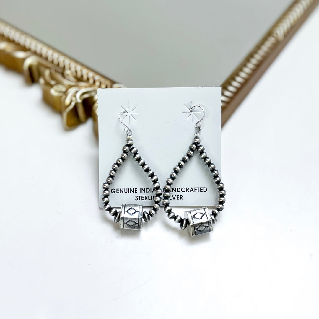 Sterling silver Navajo pearl teardrop earrings with handcrafted barrel bead, western drop earrings