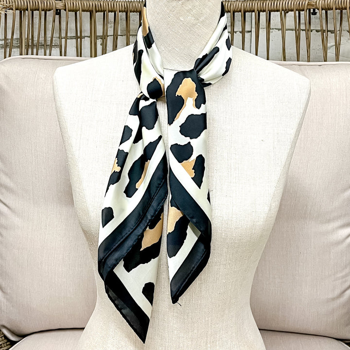 Wild Chic Black and Ivory Large Leopard Print Silk Feel Square Scarf in Leopard