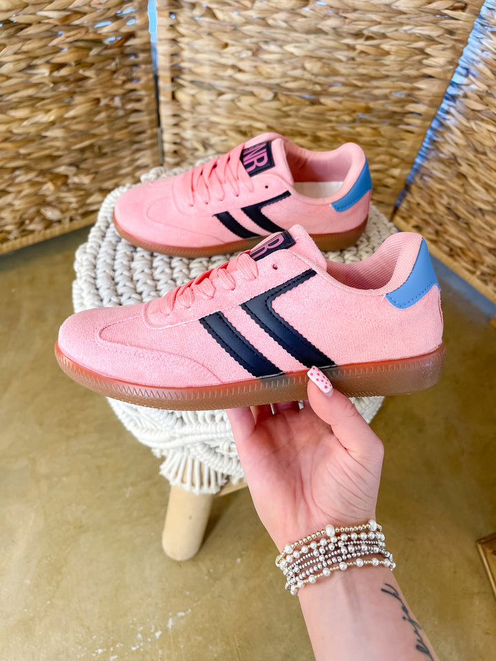Naughty Monkey | Right on Track Retro Lace-Up Sneaker in Pink with Black Stripes