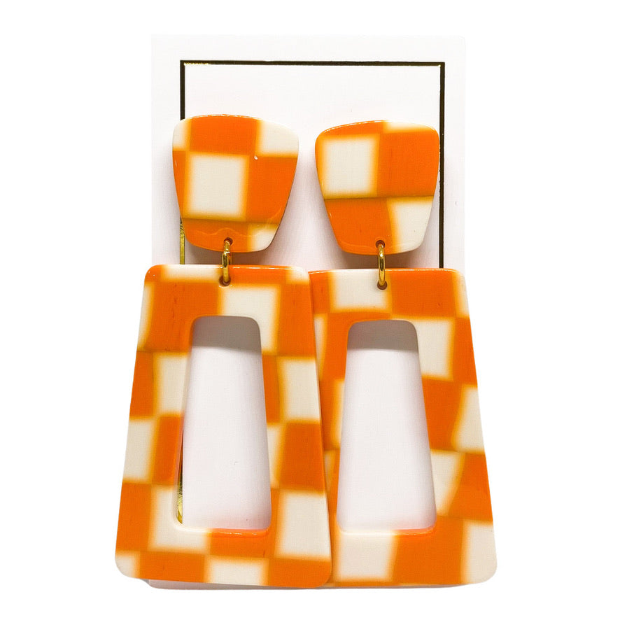 Linny Co | Kennedy Rectangular Drop Earrings in Orange Checker