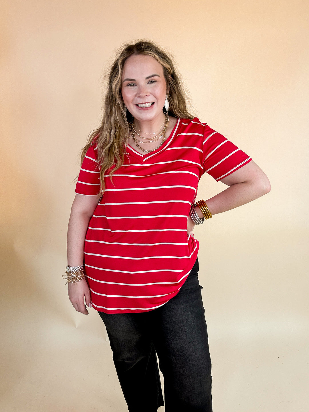 Keep Things Casual Striped V Neck Tee in Red
