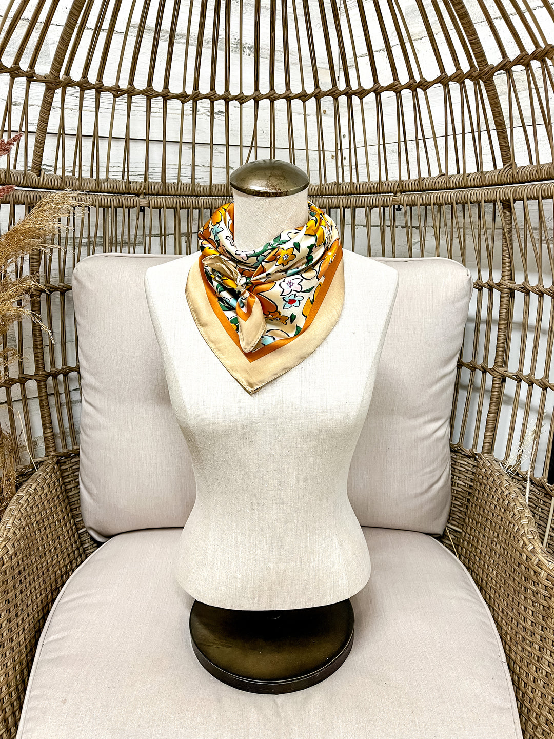 Retro Meadow Floral Print Silk Feel Square Scarf in Taupe, Rust and Teal