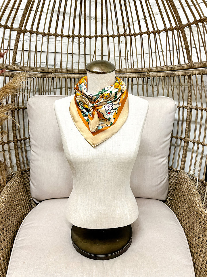 Retro Meadow Floral Print Silk Feel Square Scarf in Taupe, Rust and Teal