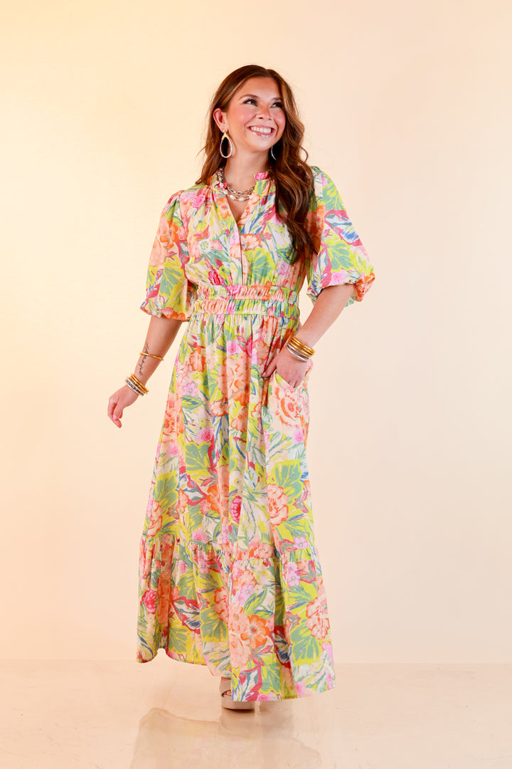 Reserved for Brunch Puff Sleeve Smocked Waist Floral Maxi Dress in Green Multi