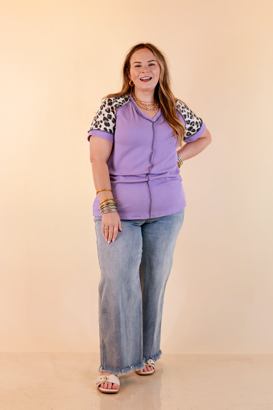 Easy Attraction Waffle Knit V Neck Top with Leopard Print Sleeves in Lavender Purple