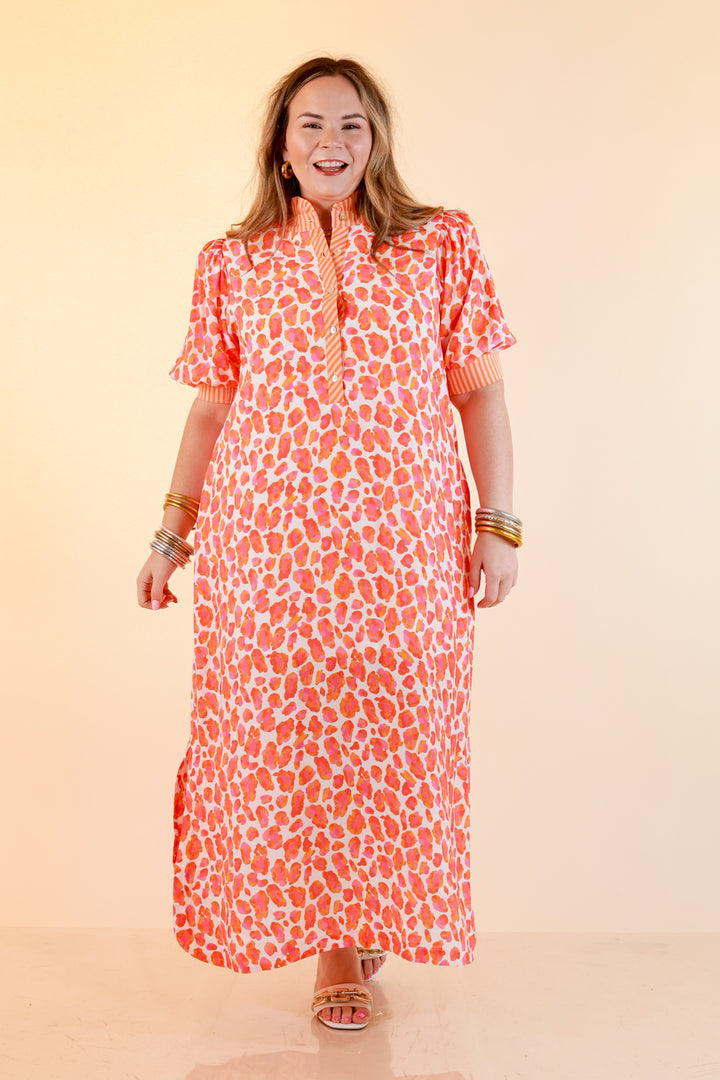 Feeling Extra Leopard Print Midi Dress with Stripe Contrast Collar and Puff Sleeves in Pink and Orange
