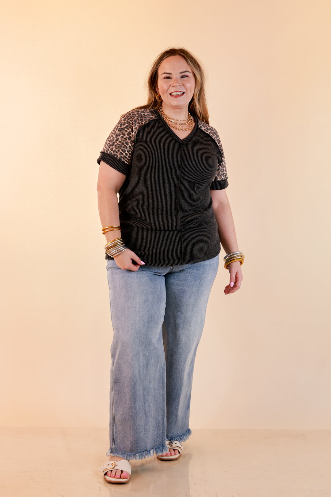 Easy Attraction Waffle Knit V Neck Top with Leopard Print Sleeves in Black