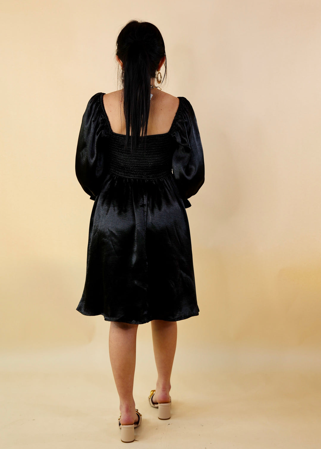 Feeling Fine Satin Babydoll Dress with 3/4 Sleeves in Black - Giddy Up Glamour Boutique