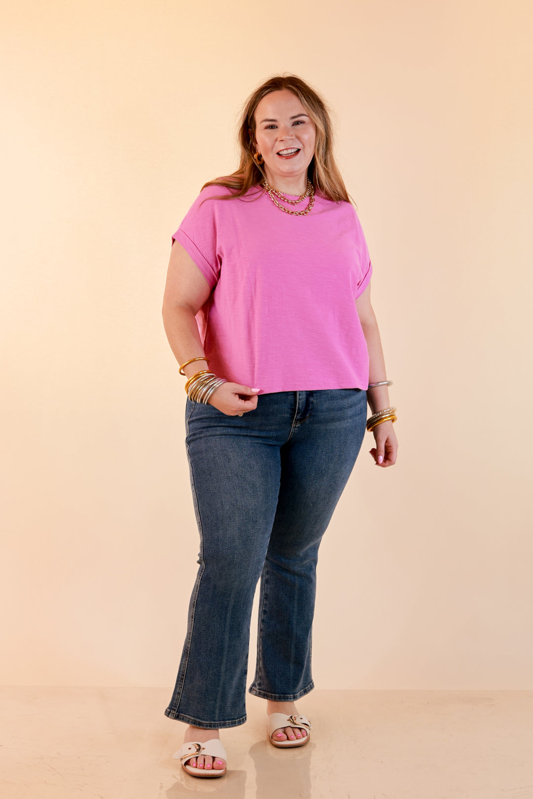 Laidback Luxe Rolled Drop Sleeve Relaxed Fit Basic Short Sleeve Top in Mauve Purple