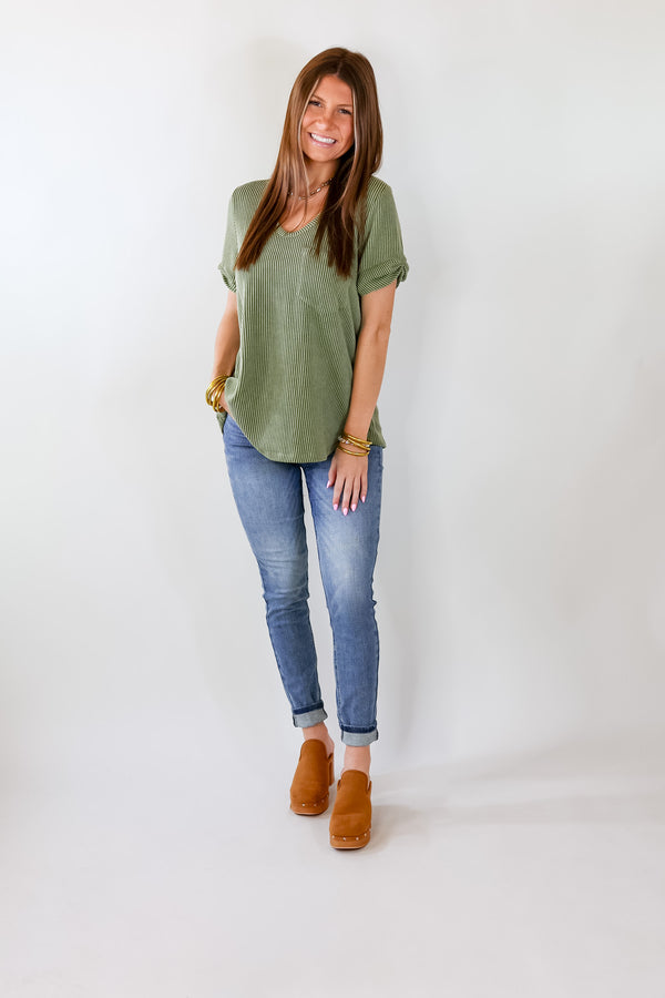Only True Love Ribbed Short Sleeve Top with Front Pocket in Olive Green
