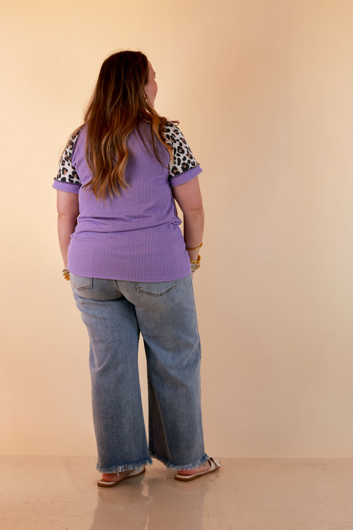 Easy Attraction Waffle Knit V Neck Top with Leopard Print Sleeves in Lavender Purple