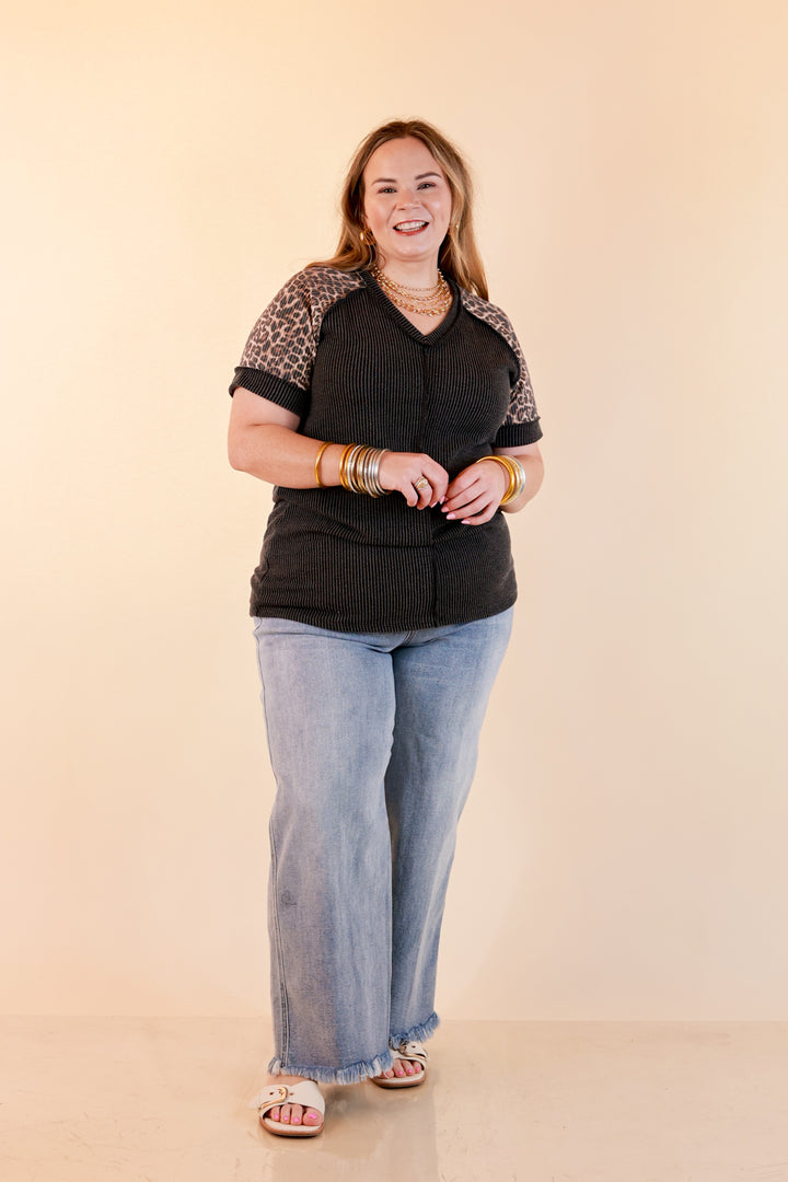 Easy Attraction Waffle Knit V Neck Top with Leopard Print Sleeves in Black