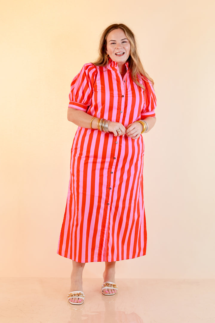 Strut and Shine Stripe Midi Dress with Button Front Detail and Puff Sleeves in Pink and Red