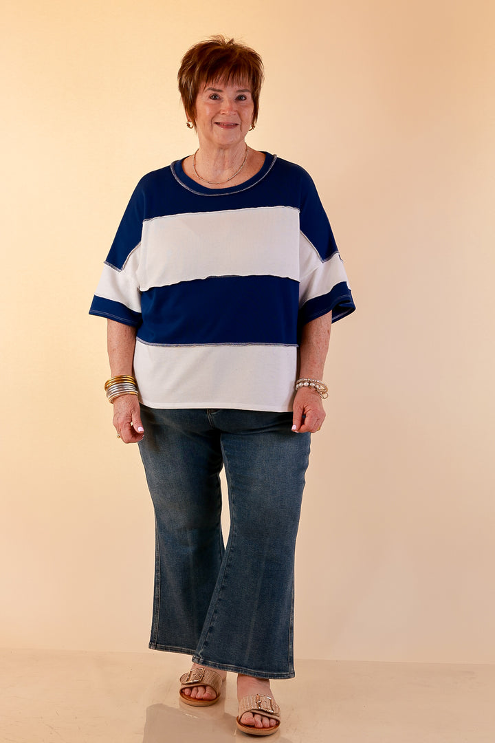 Simply Striking Color Block Rugby Style Wide Stripe Relaxed Short Sleeve Top in Navy Blue
