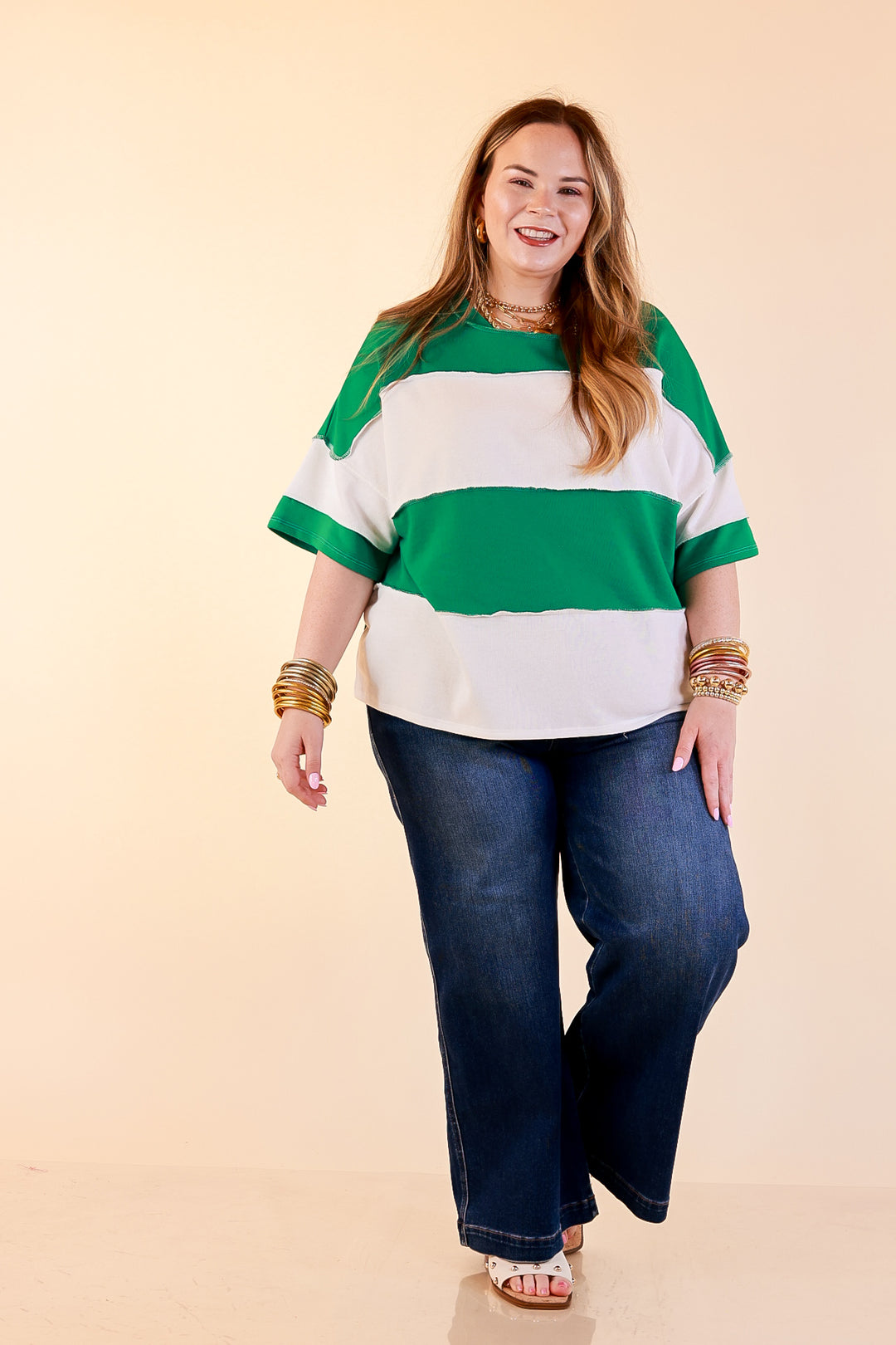 Simply Striking Color Block Rugby Style Wide Stripe Relaxed Short Sleeve Top in Kelly Green