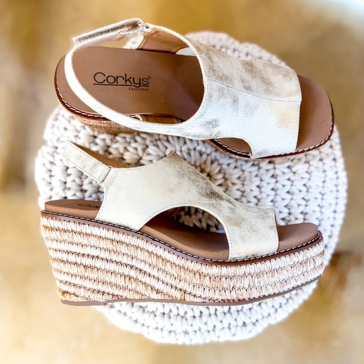 Corky's | Freddie Wedge Sandal with Velcro Strap in Gold Washed Metallic