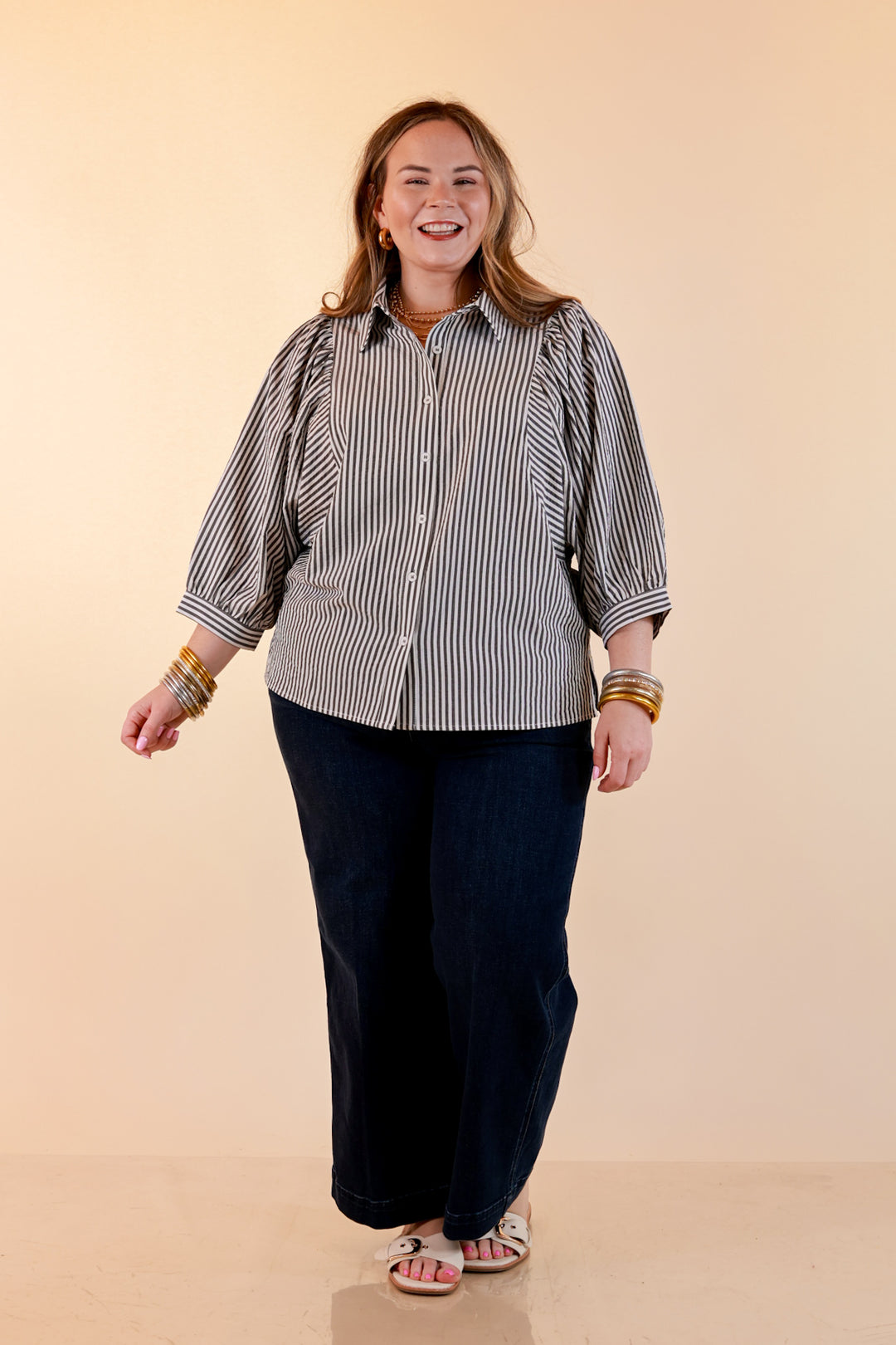 Crisp and Collected Stripe Button Front Collared Top with Puff Short Sleeves in Black and White