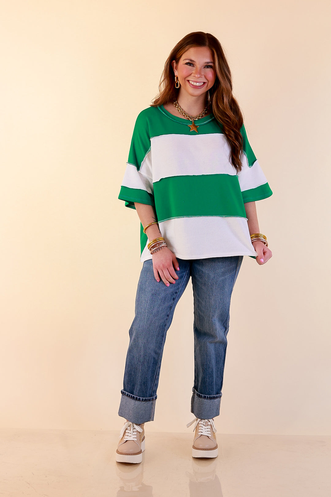 Simply Striking Color Block Rugby Style Wide Stripe Relaxed Short Sleeve Top in Kelly Green