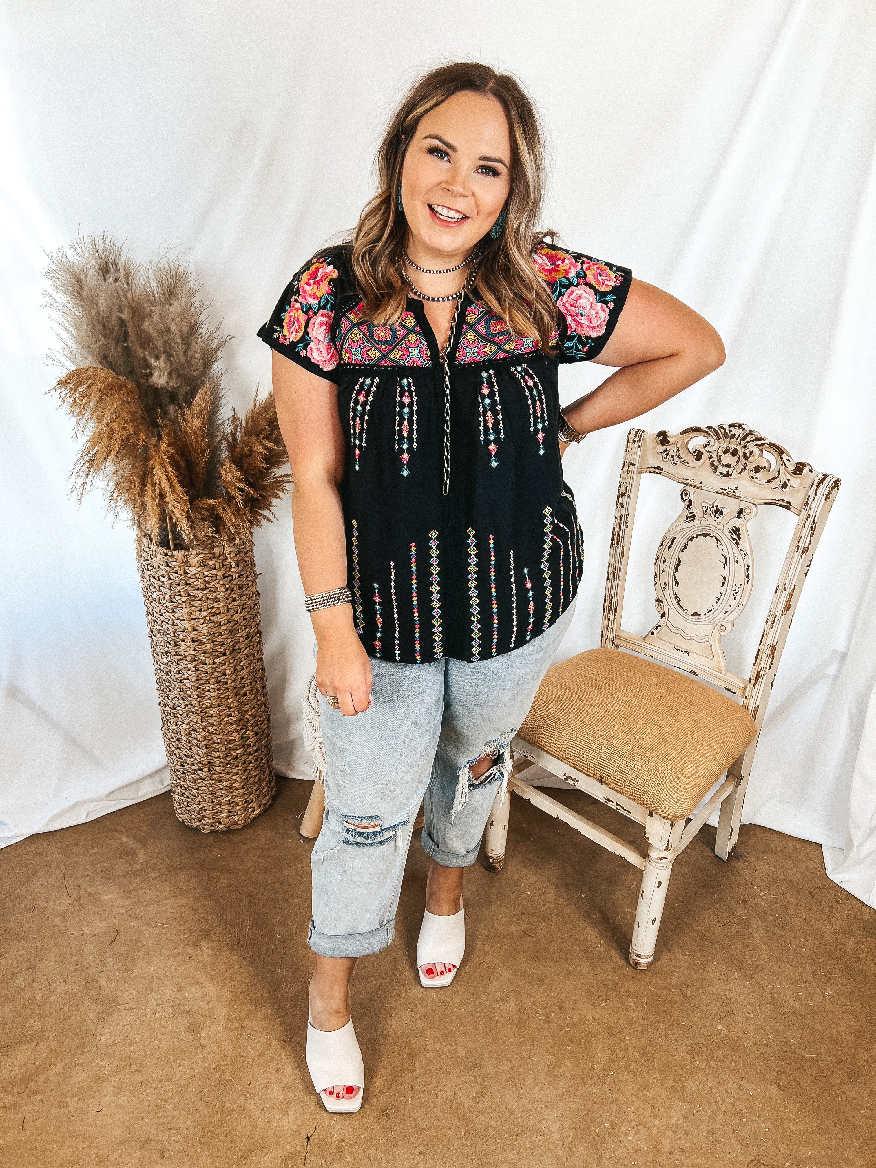 On A Journey Floral Embroidered V Notched Blouse in Black - Giddy Up Glamour Boutique