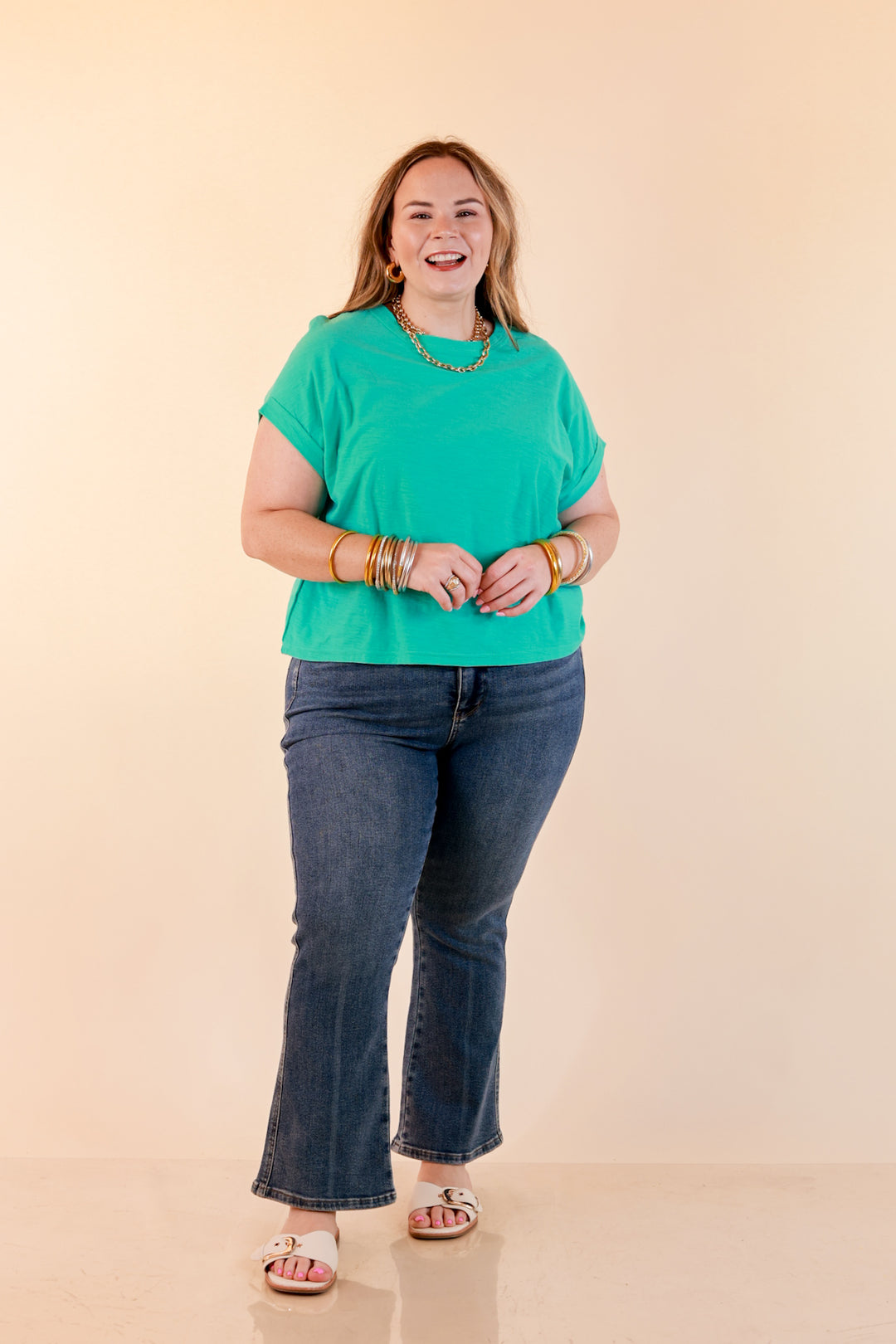 Laidback Luxe Rolled Drop Sleeve Relaxed Fit Basic Short Sleeve Top in Mint Blue