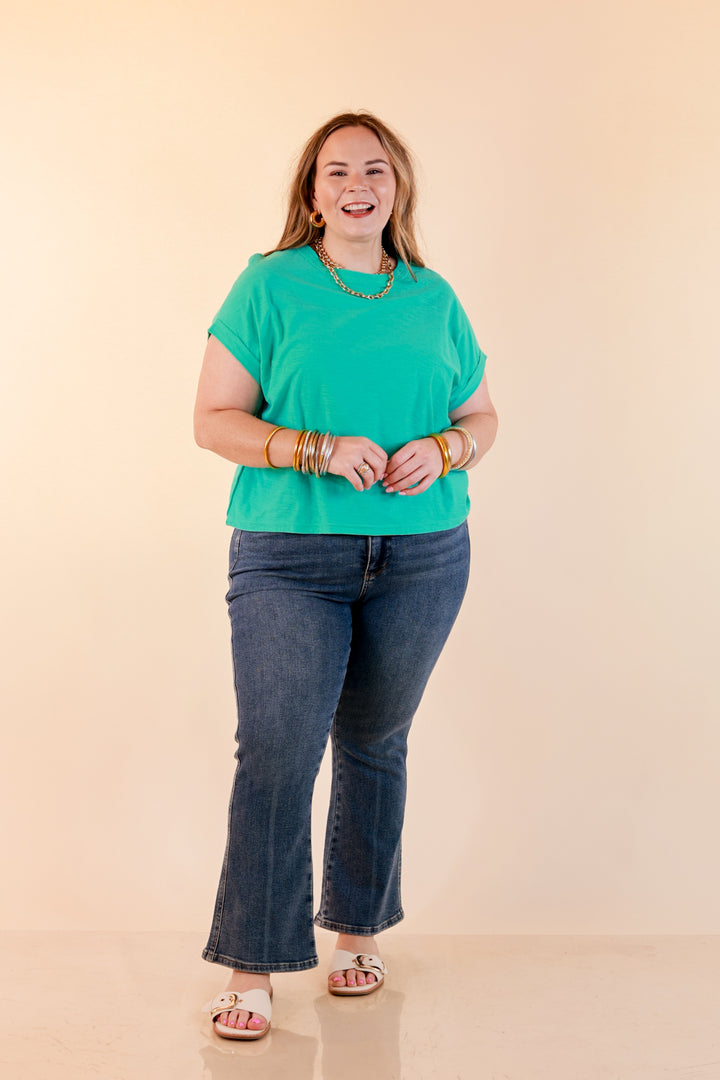 Laidback Luxe Rolled Drop Sleeve Relaxed Fit Basic Short Sleeve Top in Mint Blue