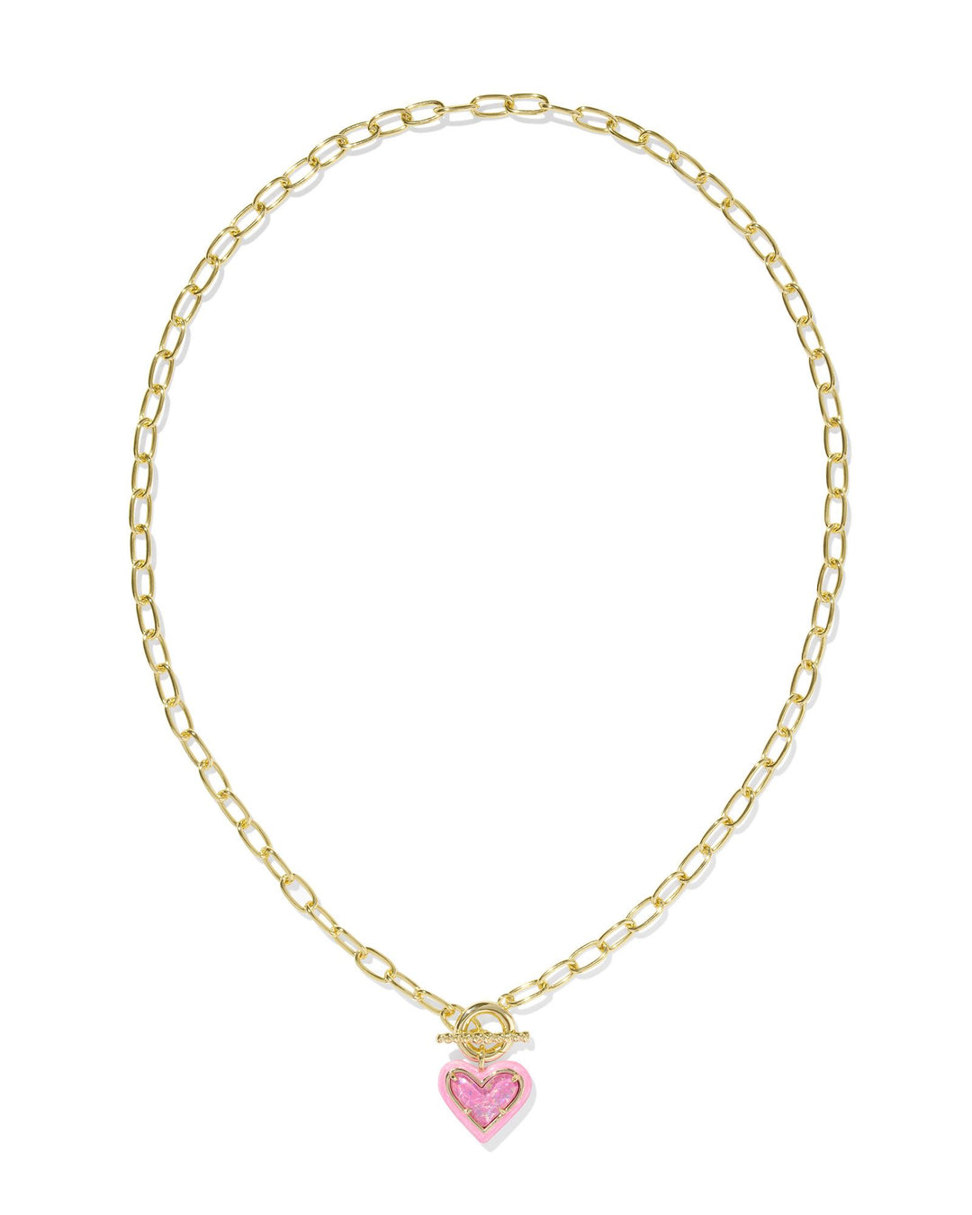 Kendra Scott | Ari Heart Gold Enamel Framed Link and Chain Necklace in Pink Iridescent Glitter Glass
