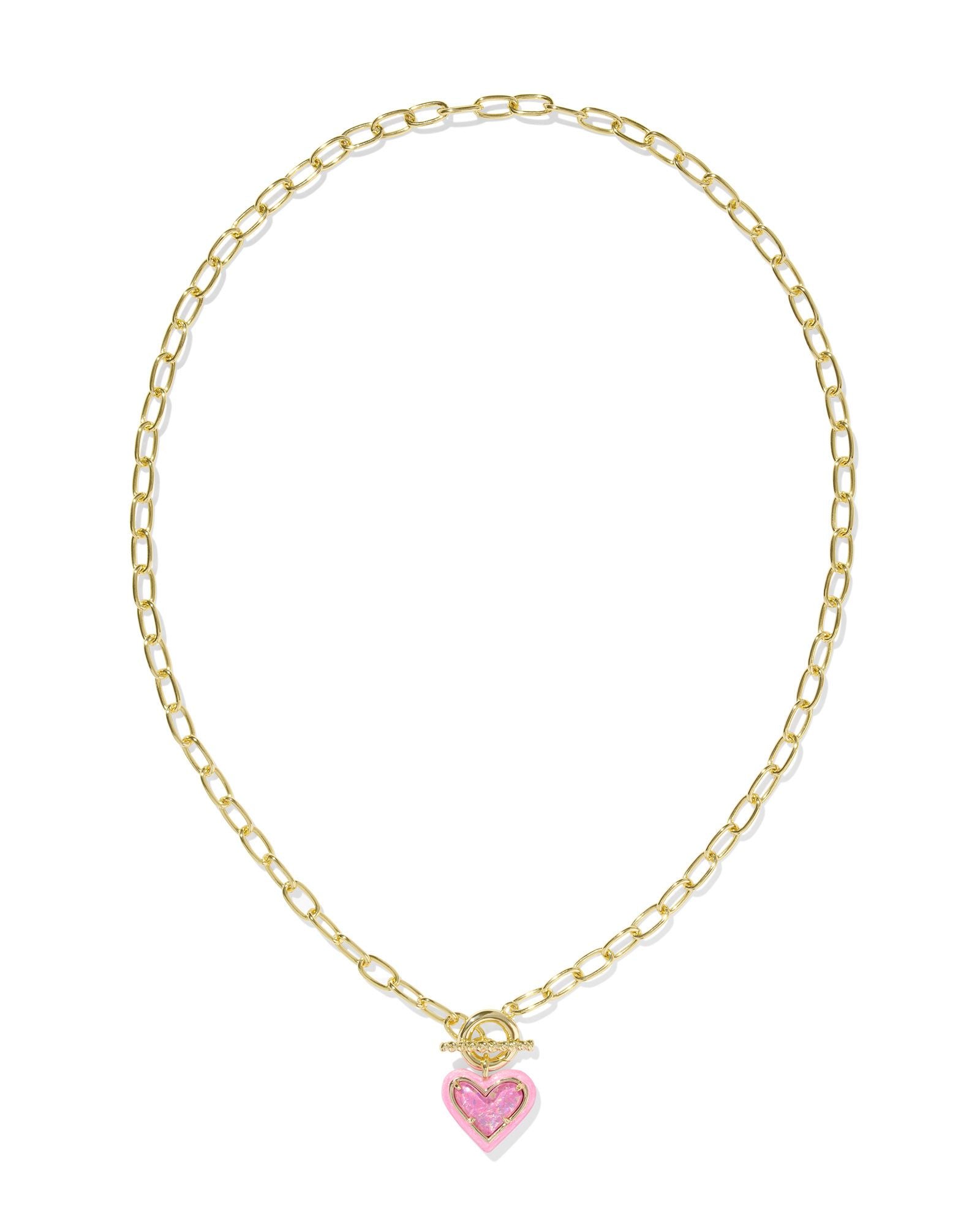 Kendra Scott | Ari Heart Gold Enamel Framed Link and Chain Necklace in Pink Iridescent Glitter Glass