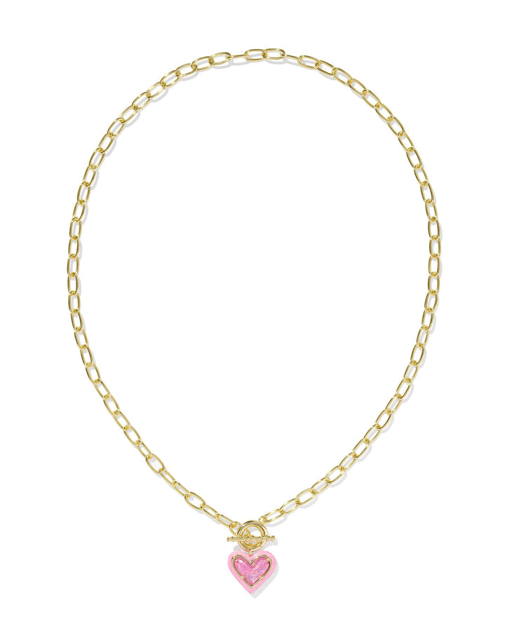 Kendra Scott | Ari Heart Gold Enamel Framed Link and Chain Necklace in Pink Iridescent Glitter Glass