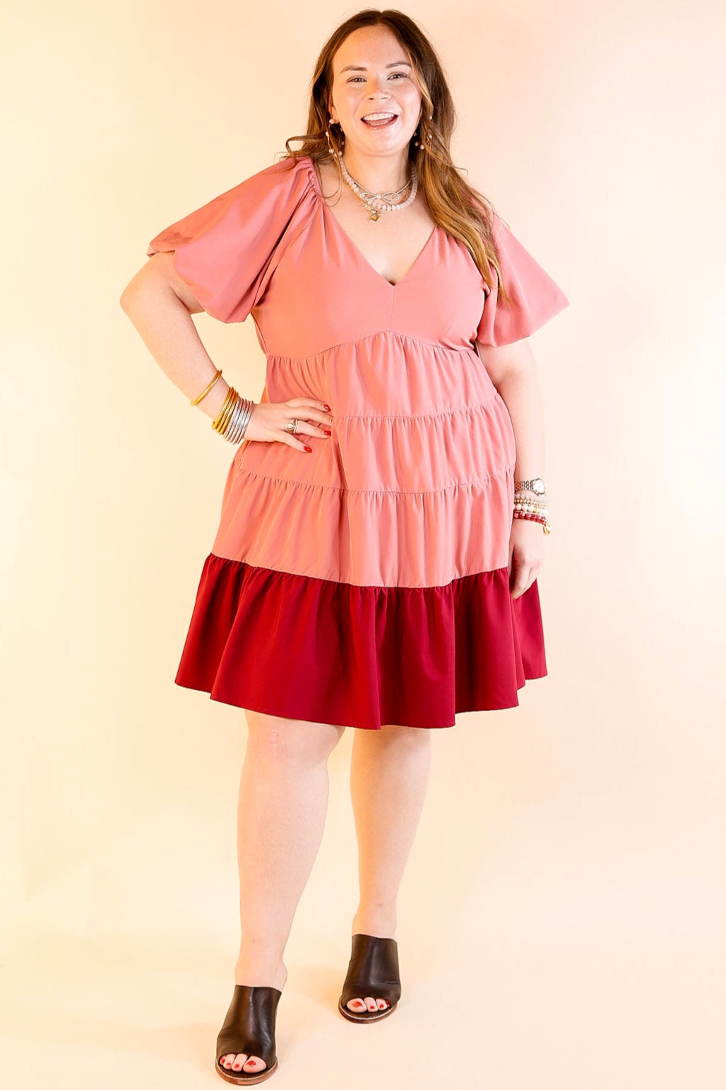 Trendy City Puff Sleeve Tiered Dress with Pink Hemline in Rose Pink