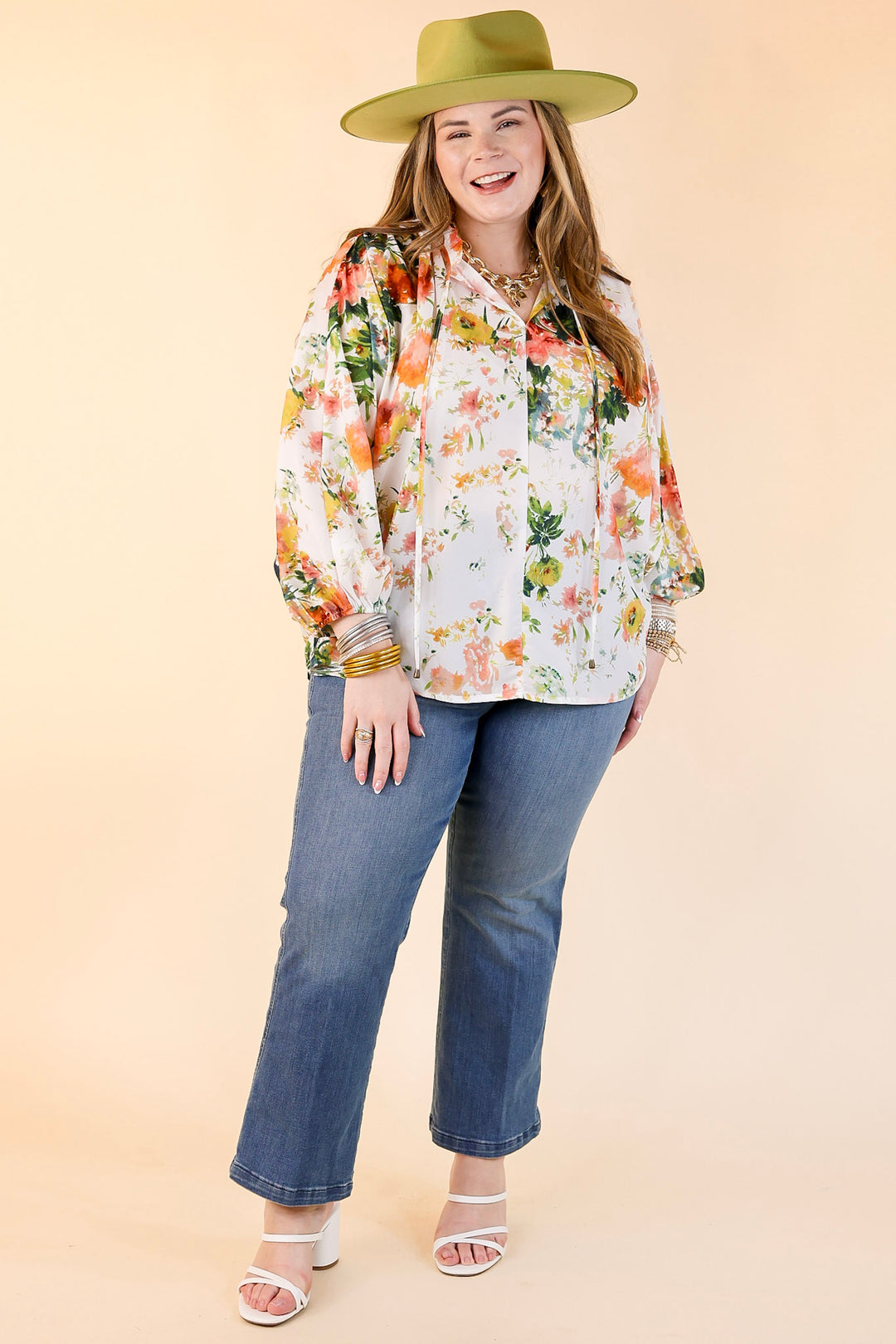 Hampton Hideout Floral Blouse with Keyhole and Tie Neckline in Off White